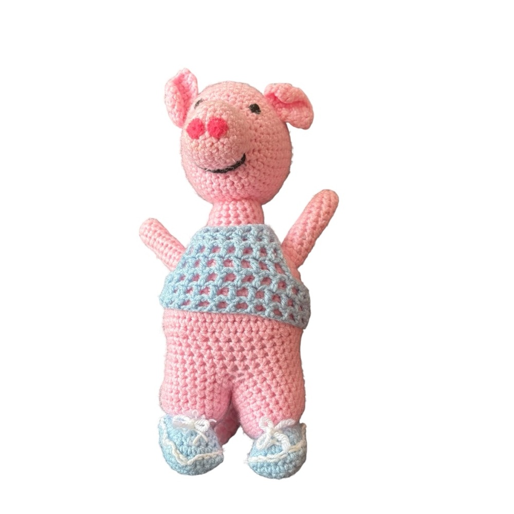 Handmade Crochet Pig Plush – 15.5" Amigurumi Stuffed Animal – Pink & Blue‎